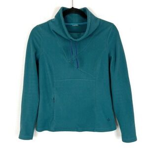 Pullover Fleece Sweatshirt Drawstring Cowl Neck Teal Small